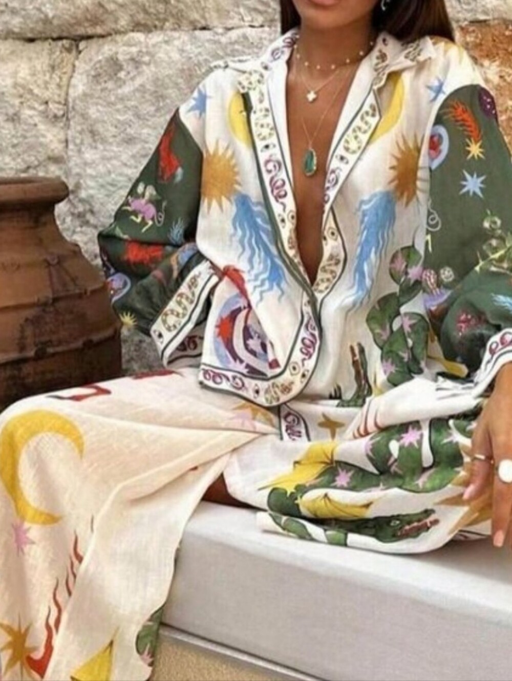Whimsical Celestial Print Button-Up Shirt - Multicolor
